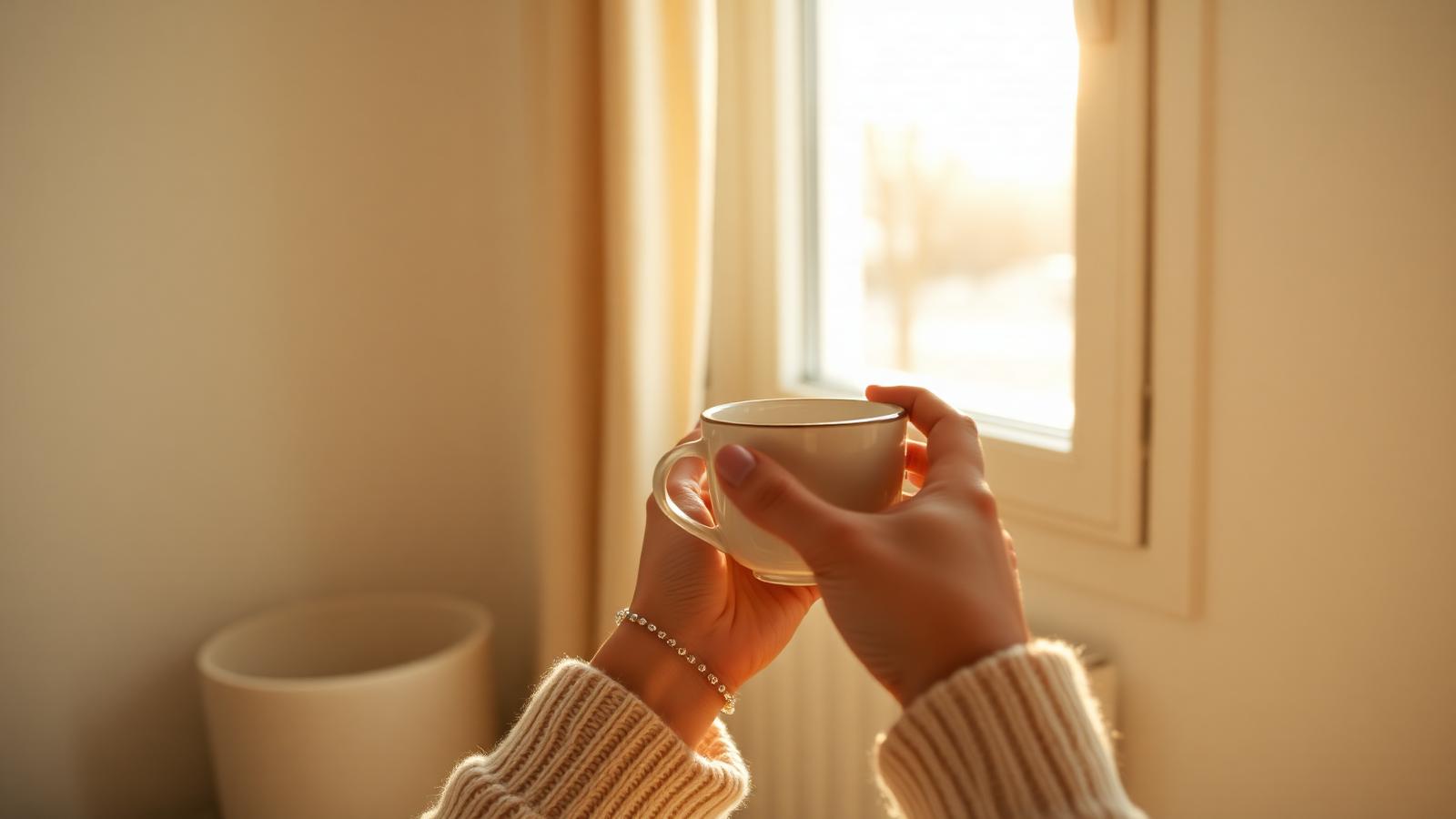 Manos sosteniendo una taza caliente junto a una ventana — atmósfera de calma para artículo sobre ansiedad