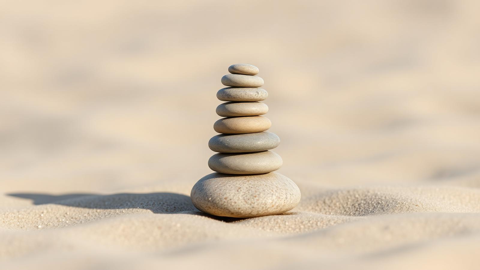 Torre de piedras zen sobre arena — imagen evocadora del equilibrio y procesamiento del trauma con EMDR