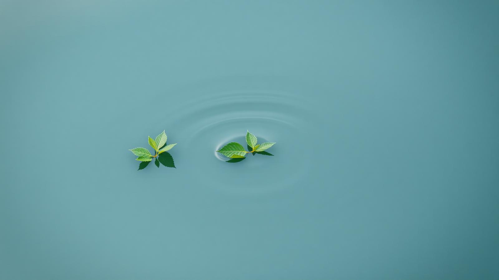 Hoja verde flotando sobre agua en calma — metáfora visual sobre estrés y ansiedad